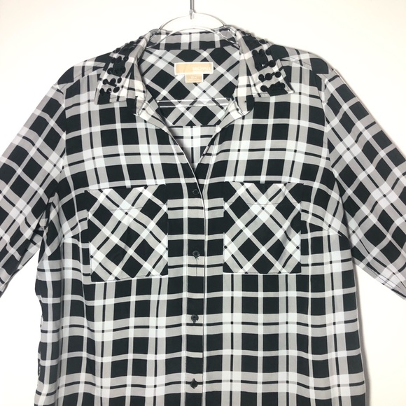 Michael Kors Blouse Plaid Rhinestone Size 0X Sheer Button Up Sleeves Western - Picture 3 of 10